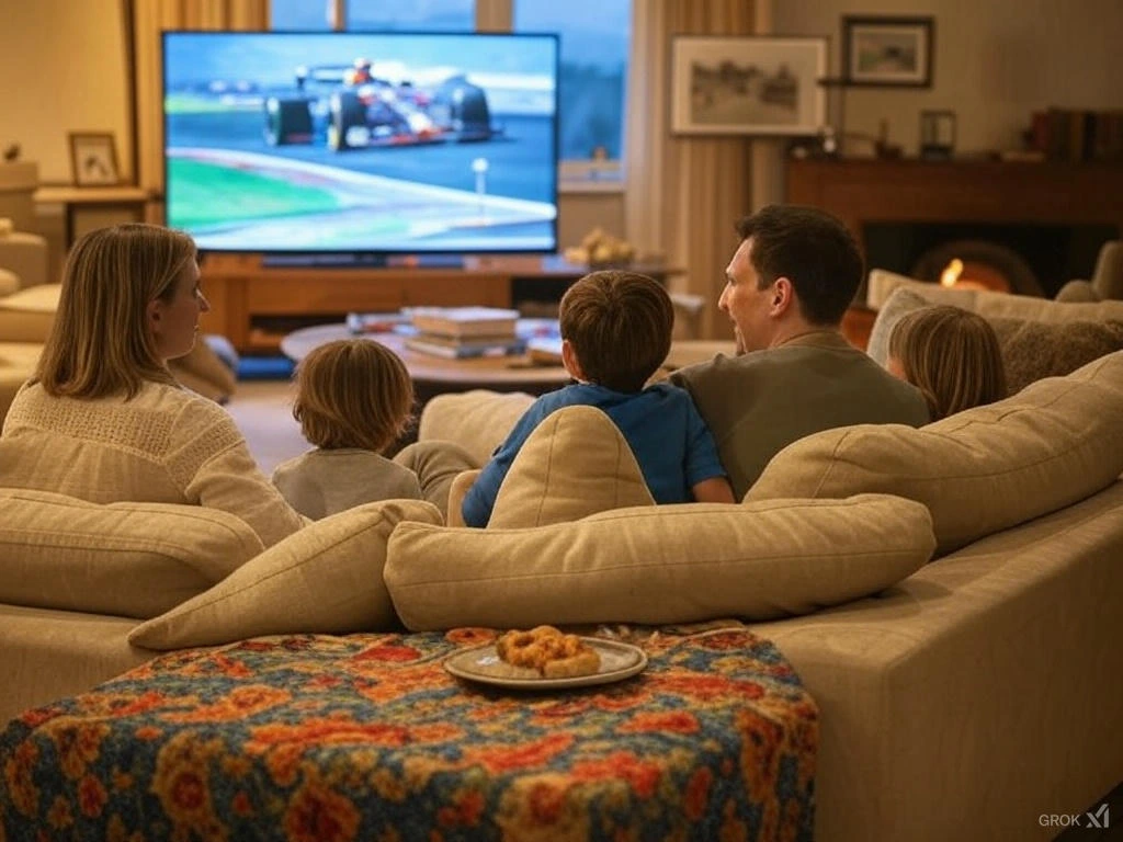 gezin kijkt formule 1 op tv met pandora iptv abonnement